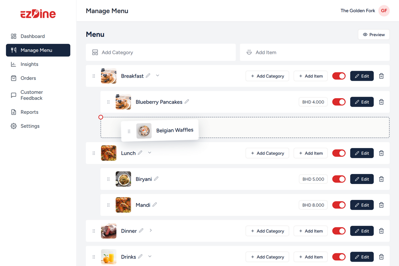 EZDine menu builder with categories and items being reordered by drag and drop